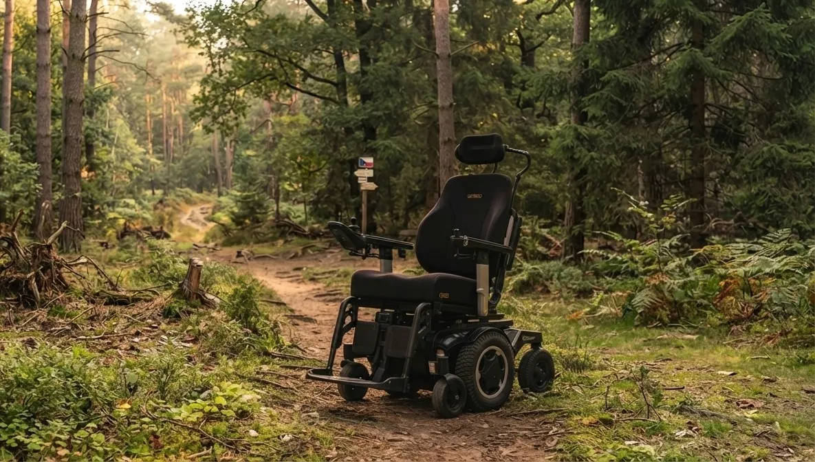 Elektrický invalidní vozík pro terénní použití stojí na hliněné lesní cestě mezi stromy a kapradinami. Vozík je robustní, s velkými zadními koly, širšími předními koly, černým sedadlem s opěrkou hlavy a joystickem pro ovládání. V pozadí je lesní cesta a cedule.